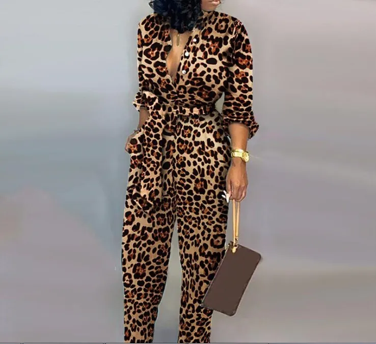 Womens Jumpsuits Rompers Sexy Women Romper Leopard Tied Waist Long Sleeve Jumpsuit Night Clue Autumn Clothing Set251q