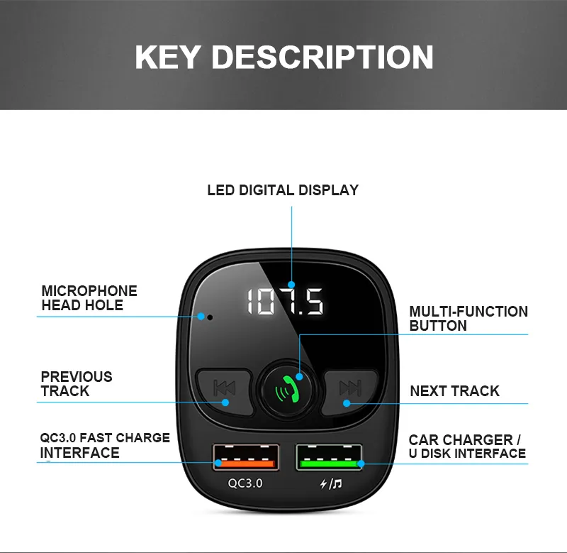 Car Bluetooth 5.0 Mp3 Player FM Transmitter Handsfree Audio Receiver 3.1A Dual USB Fast  Support TF/U Disk