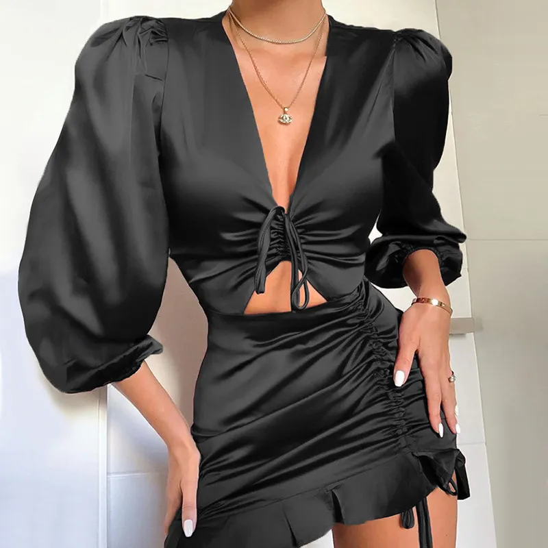 Sexy Deep V Neck Party Dress Women Satin Lace Up Ruffles Holow Out Ruched Dress Female Vestido Elegant Slim Mini Dresses