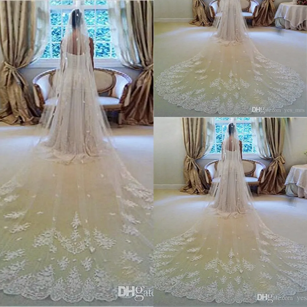 Véus de noiva longos Acessórios de casamento com laço Apliques Frisado Tule Custom White Marfim de alta qualidade Véu de casamento 3 m e 5 m