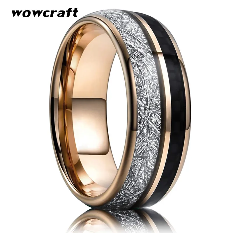 Bague de mariage en carbure de tungstène pour hommes et femmes en or rose avec incrustation de météorite en fibre de carbone Engagement nouveaux bijoux Comfort Fit CX200609