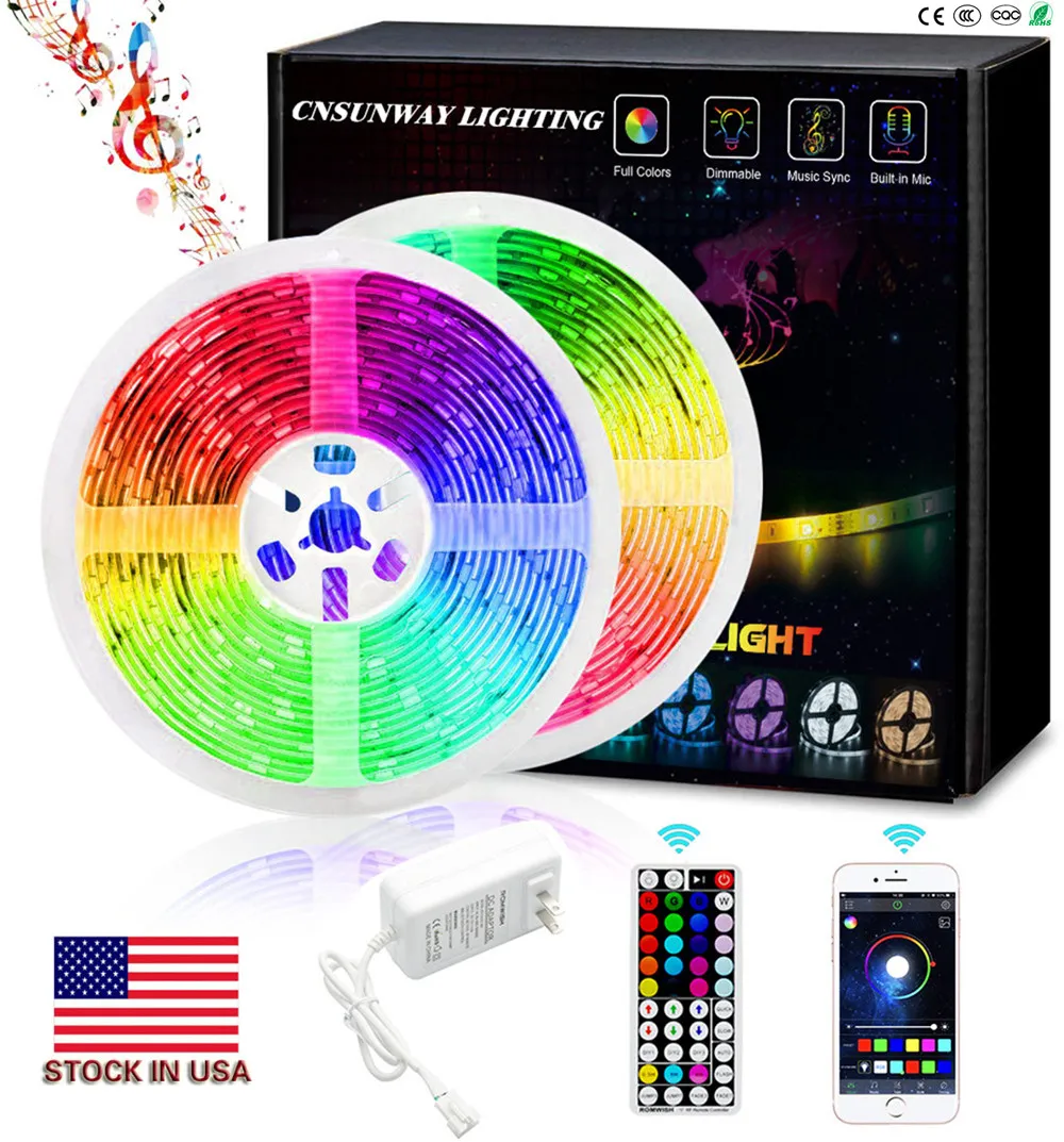 RGB-LED-Streifenlichter, Bluetooth, SMD 5050, Smart Timing, LED-Lichtleisten-Sets mit 44-Tasten-RF-Fernbedienung, 12 V, 5 A-Adapter