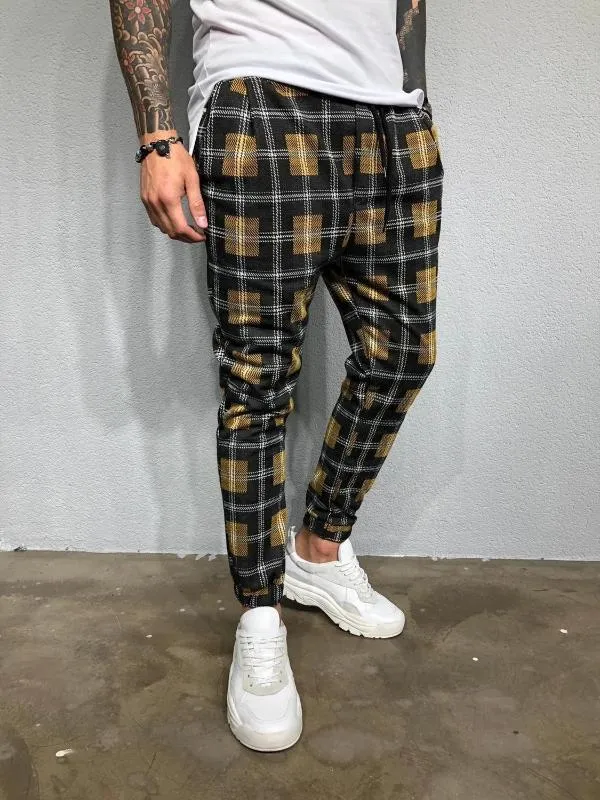 Streetwear Yellow Plaid Byxor Män Joggar 2020 Man Casual Rak Harembyxor Män Koreansk Hip Hop Track Plus Storlek