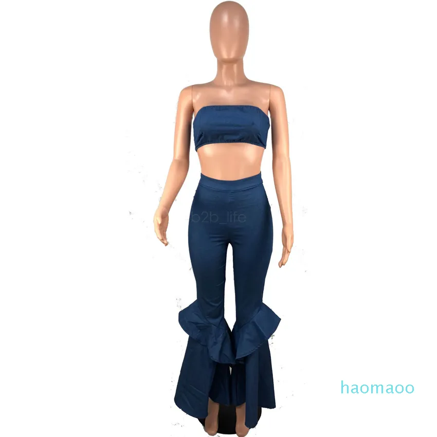 Summer Strapless Crop Top And Bell Bottom Flare Jeans Outfit Set Sexy Two  Piece Outfit With Flare Pants LJJA2607 From Haomaoo, $22.66