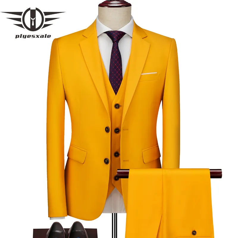 Plyesxale 2020 homens amarelos ternos para casamento mens moda 3 peça casacos homens traje hombre trabalho formal escritório ternos masculinos q1027