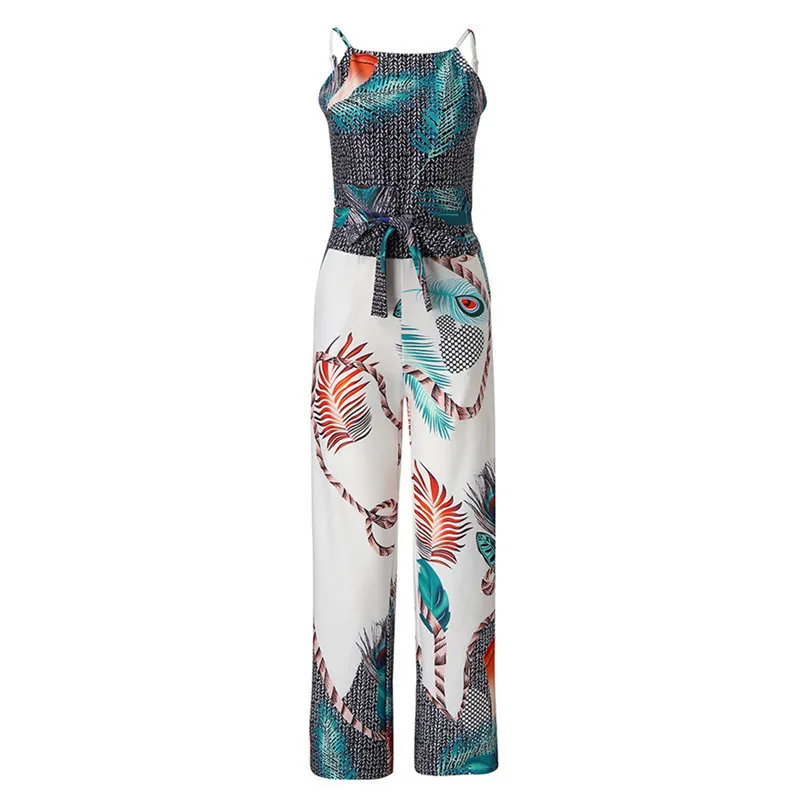2019 New Summer Women SexyLoose Jumpsuits O-Neck Feather Printed Sleeveless Bandage Loose Long Jumpsuits #E29 (5)