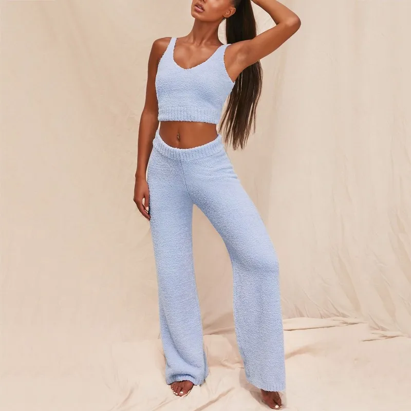 Plush Knitted Sweater 2 Piece Set Women Autumn 2020 V-neck Sleeveless Crop Top and Pants Two Piece Set Women Clothing Sets