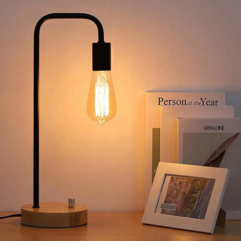 Lampe de table LED à intensité variable en fer forgé et bois massif, lampes  de chevet pour chambre à coucher, veilleuse industrielle, lampe de table