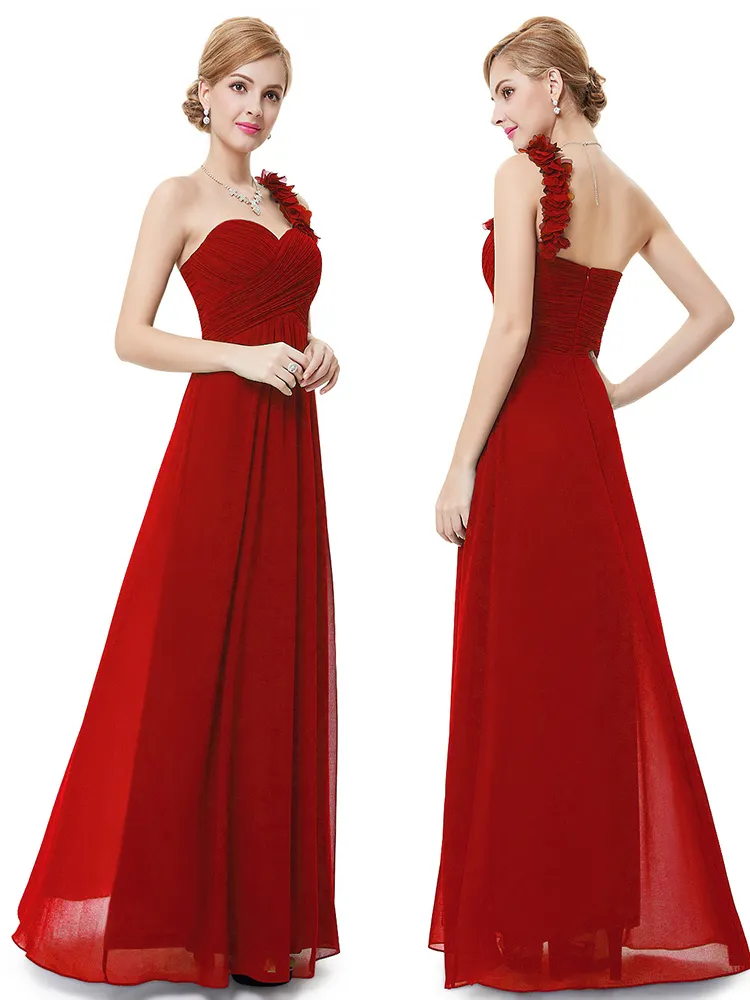 特別な機会ドレスAラインワンショルダーハンドメイドフラワーズ赤い長いイブニングドレス新しい到着ブライドメイドドレス