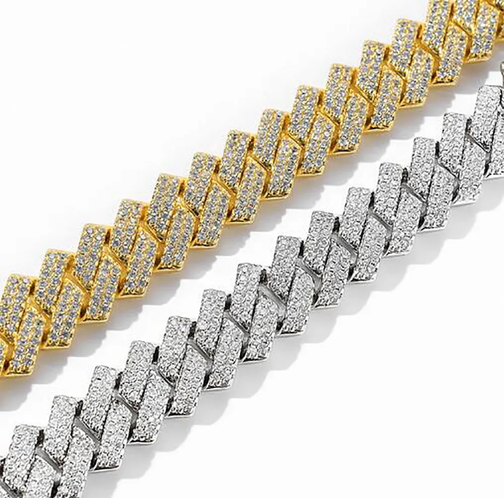 14mm Iced Cuban Link Prong Chain Necklace 14K White Gold Plated 2 Row Diamond Cubic Zirconia Jewelry 16inch-24inch Cuban Chain