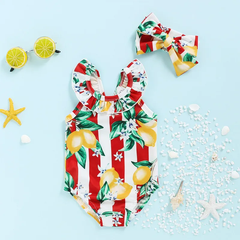 Cute Toddler Girls Swimsuit One-Piece Fruit Printing Stripe Lemon And Bow Headband Lovely Girls Beach Bathing Suit M162