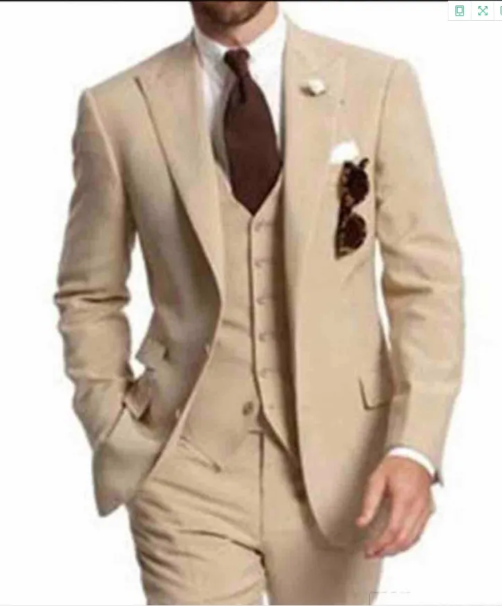 Excellent Beige 3 Piece Suit Men Wedding Tuxedos Peak Lapel Groom Business Dinner Prom Blazer(Jacket+Pants+Tie+Vest) 36