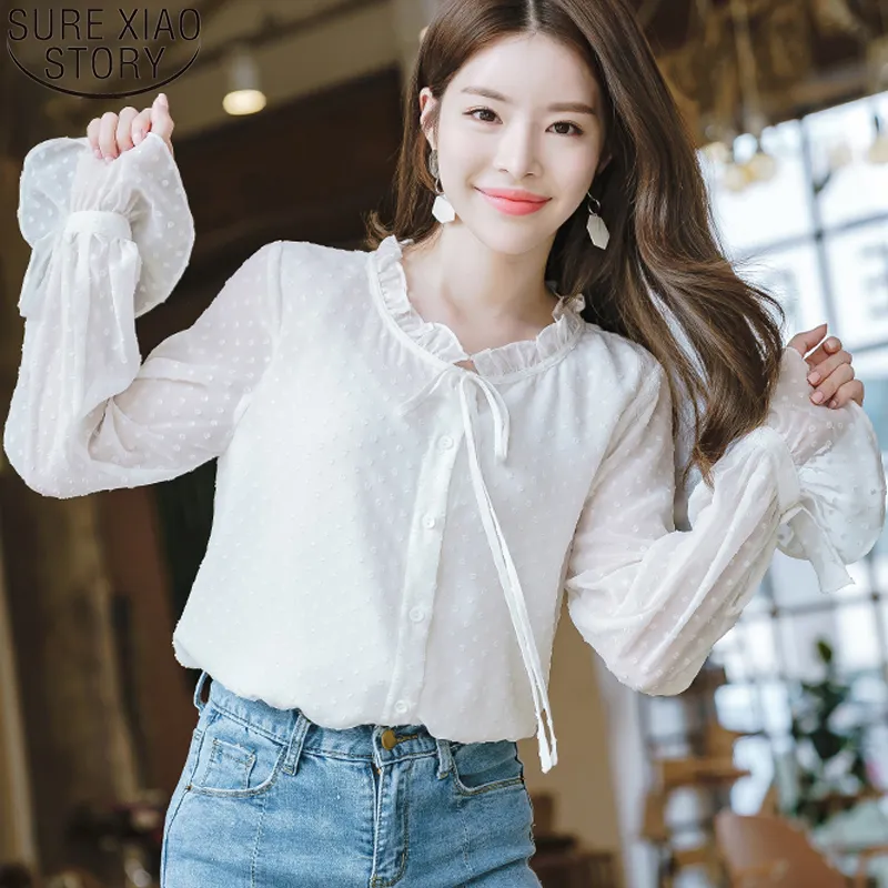 Para Mujer Polka Dot Chiffon Mujeres Estilo Coreano Blusas Stand Collar Otoño Hembra Manga Larga Blusa 10418 De 21,32 € | DHgate