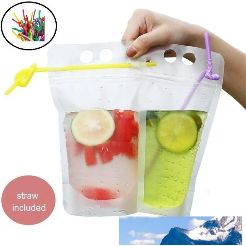 50PCS Disposable 500ml Juice Coffee Liquid Bag Vertical Seal Drink Bag Drink Pouches With Straw Party Household Storage