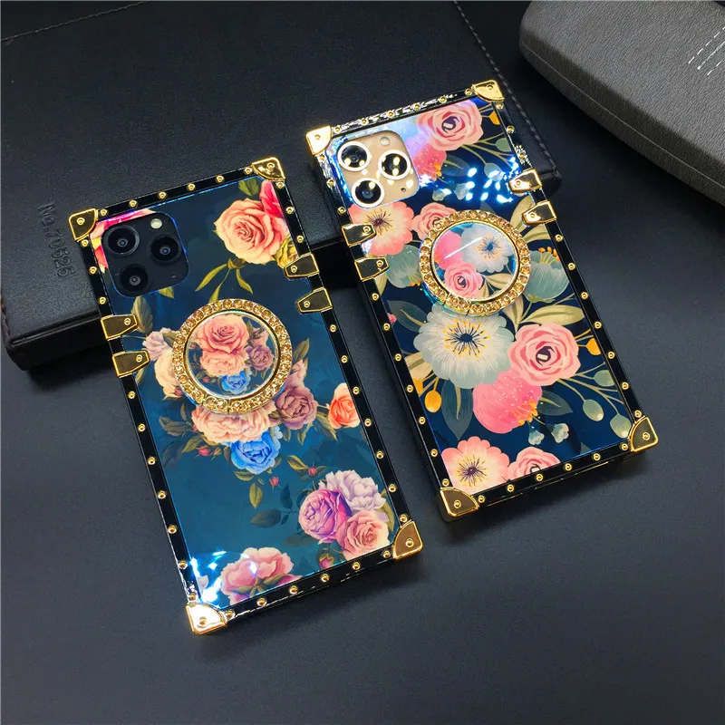 Étui de luxe Blu-Ray Rose Flower pour iPhone 11 PRO XS Max X XR Fashion Square Cover Phone Cases pour Samsung S20 Ultra S10 S9 Note 10 9