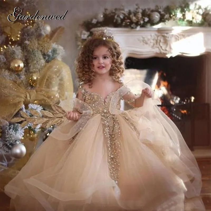 Vestidos de la ni a Vintage Brillo Puffy Lace Girl Princess Kids Crystal Scoop Vestido de fiesta de la tarde Nude Ruffles Mangas Flower Gril