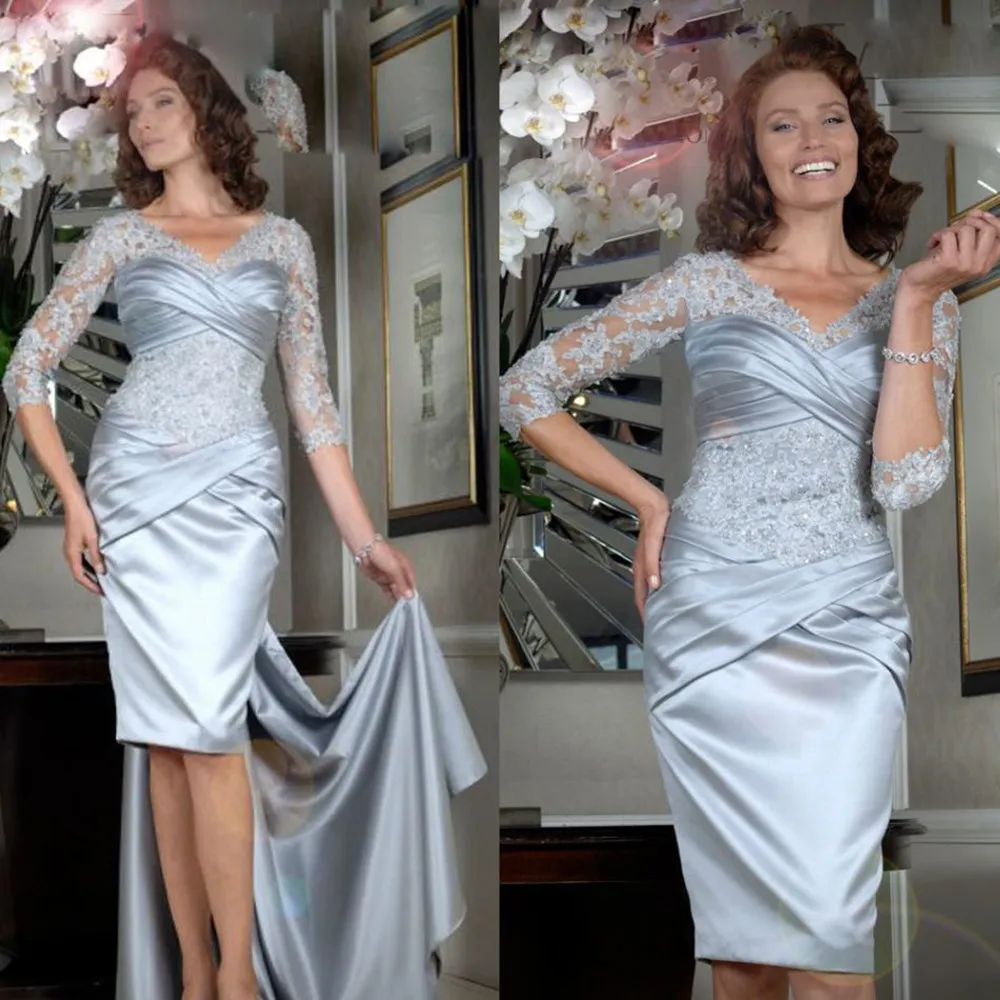 Elegant mor till brudklänningarna V Neck Lace Appliques Evening Gowns Custom Made 3 / 4long Sleeve Knä-längd Bröllop Gästklänning
