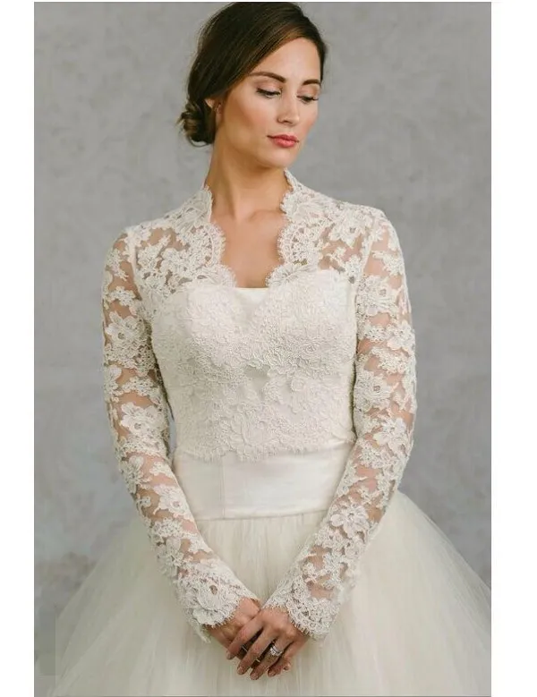 Kurtka ślubna z długim rękawem Biała koronka w kolorze kości słoniowej Bridal Wrap Custom Made Wedding Bolero Akcesoria ślubne Bridal Jackets