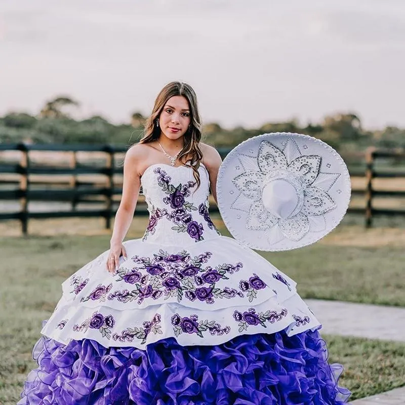 Elegant White Purple Quinceanera Dress 2024 Puffy Organza Skirt Princess Sweet 16