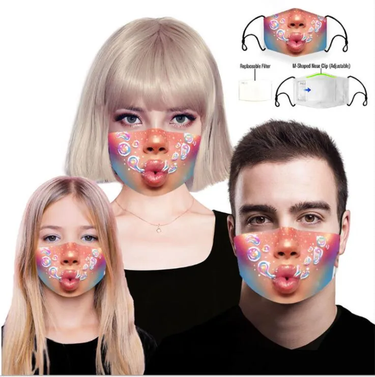 2020 Reusable 3D Printing Cartoon face masks Mouth Mask Funny Dustproof Mask Washable Running Riding Face Mask with 2pcs filters