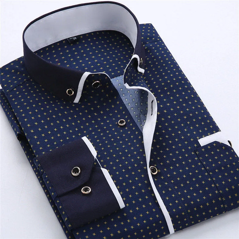 Designer Casual Slim Fit Business Shirt Male Long Sleeve Dot Print Autumn Formal Cotton Shirts