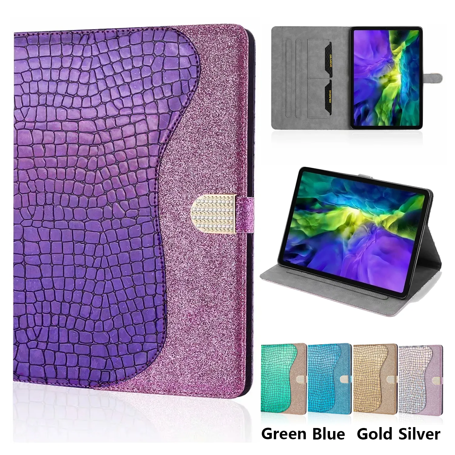 TPU PU Deri Tablet Kılıf Için iPad Pro 11 iPad Hava 3 10.5 Mini 1/2/3/4/5 Samsung Galaxy Tab A 8.0 T290 Lazer Glitter Çevirme Standı Kapak Kılıfı