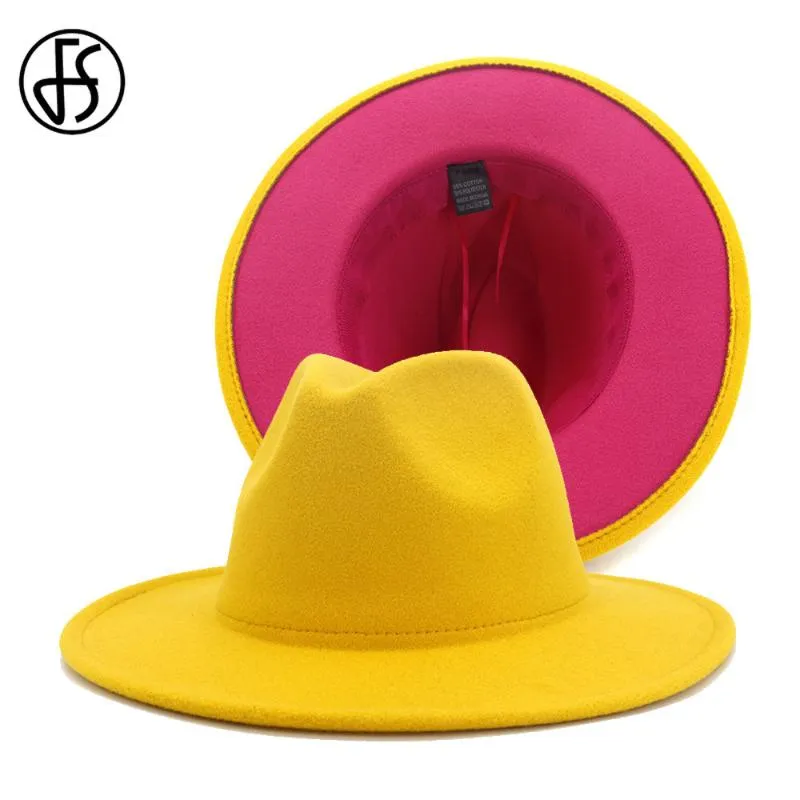 FS amarillo rosa Patchwork lana fieltro Jazz Fedora sombreros mujeres Unisex ala ancha Panamá fiesta Trilby Cowboy Cap317o