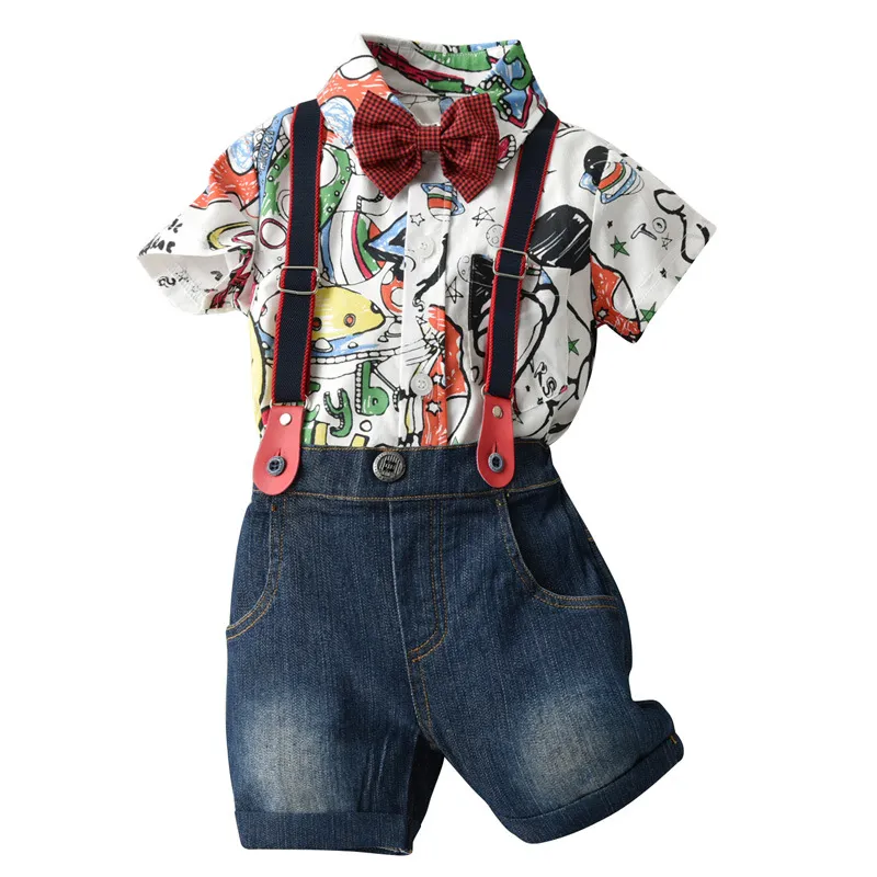 baby romper + byxa] 2020 ny sommartecknad skjorta hängslen småbarn pojke kläder juldräkt pojke fest klänning barn kläder