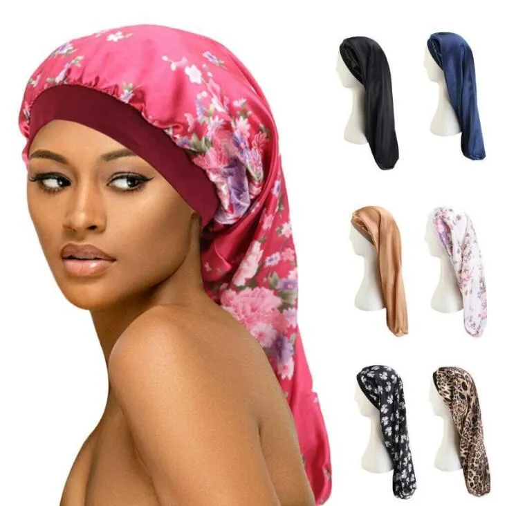 Långt hår Sock Cap Sleep Hat Wrap Night Cap Hair Care Bonnet Nightcap Women Wide Band Elastic Satin Hat Headcover Baggy Protect GD445