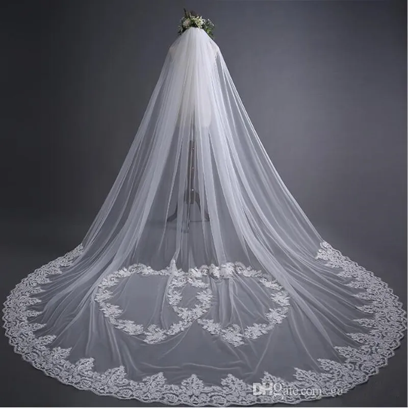 Op maat gemaakte bruid sluier lange kathedraal lengte elegante kant applicaties 3m lange bruiloft sluier hart patroon mode lange bruiloft sluier