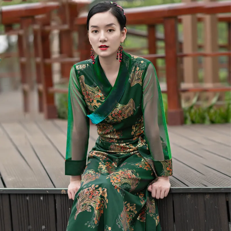 Asia Tibetan Gown Ethnic clothing women long Robe traditional Tibet Costume Elegent Lady silk blend summer dress