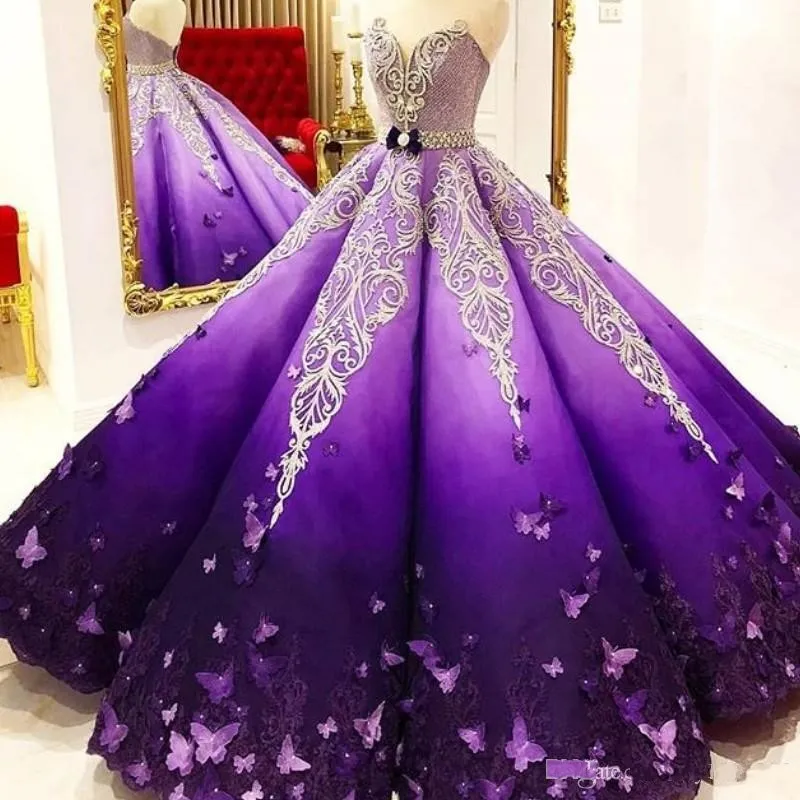 الأميرة بيربل Quinceanera فساتين كريستال الخرز وشاح الفراشة الرباط يزين المشاركة اللباس الكرة ثوب الحفلة الراقصة حزب فساتين