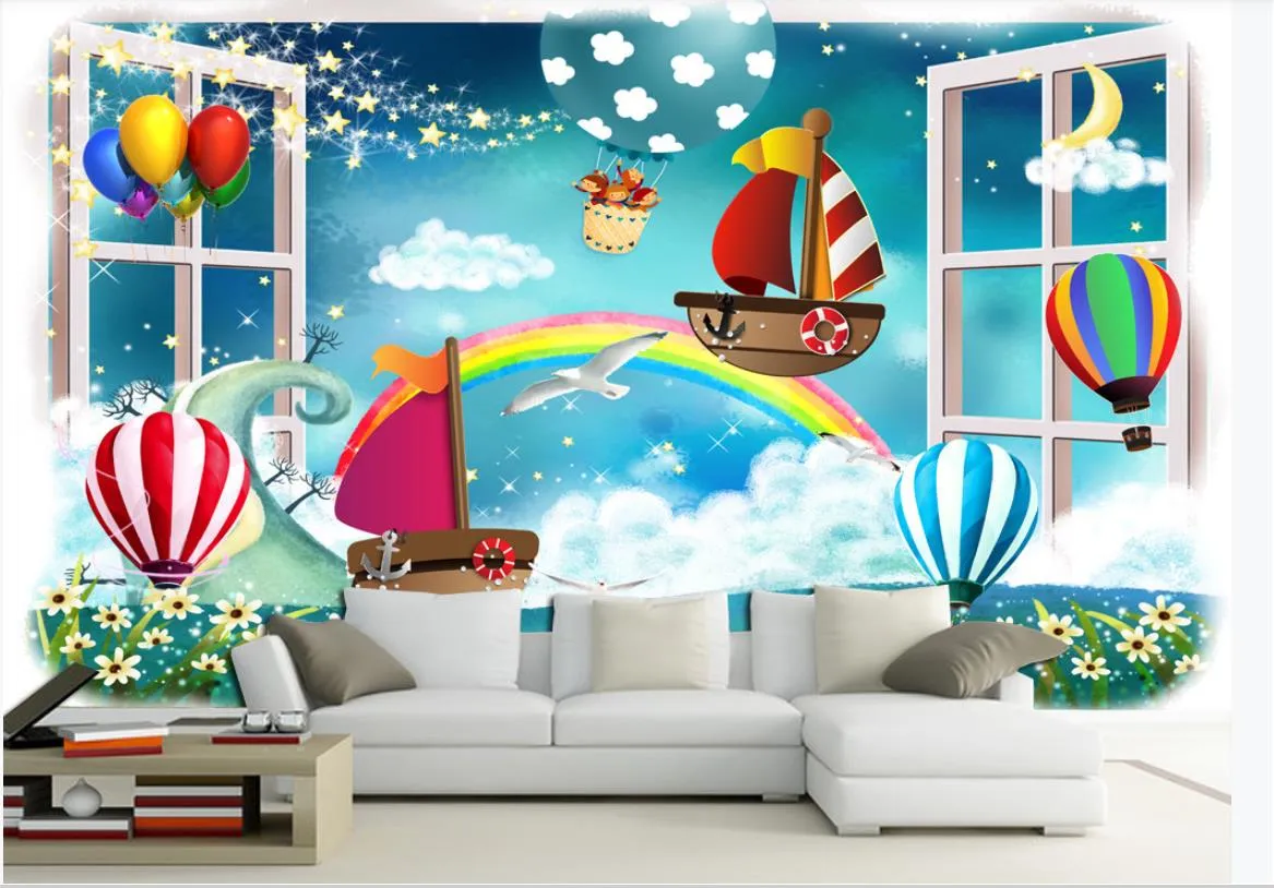 Beställnings- foto bakgrundsbilder för väggar 3d väggmålning utanför fönstret tecknad himmel ballong barn rum barn rum väggmålning väggpapper