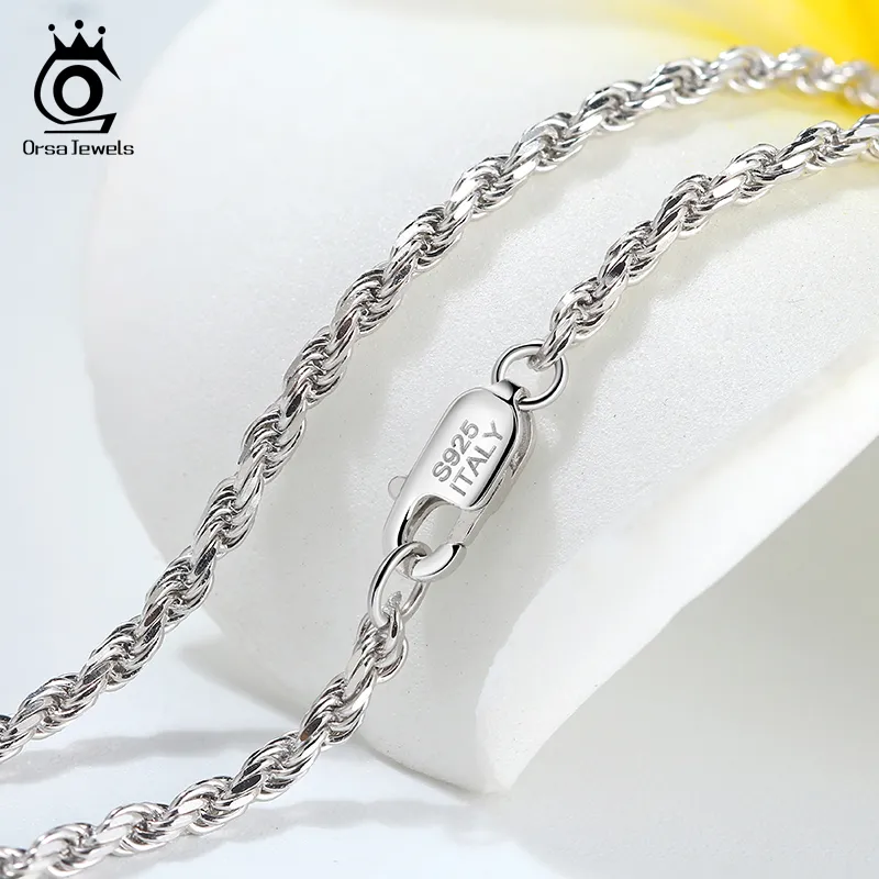 ORSA JEWELS Diamond-Cut Rope Chain Necklaces Real 925 Silver 1.2mm 1.5mm 1.7mm Neck Chain for Women Men Jewelry Gift OSC29