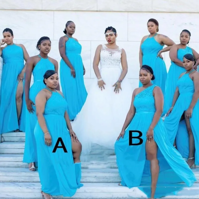 2020 Afrikanische Brautjungfern-Abendkleider für formelle Anlässe, Übergröße, geteiltes Chiffon-Spitze-Brautjungfernkleid