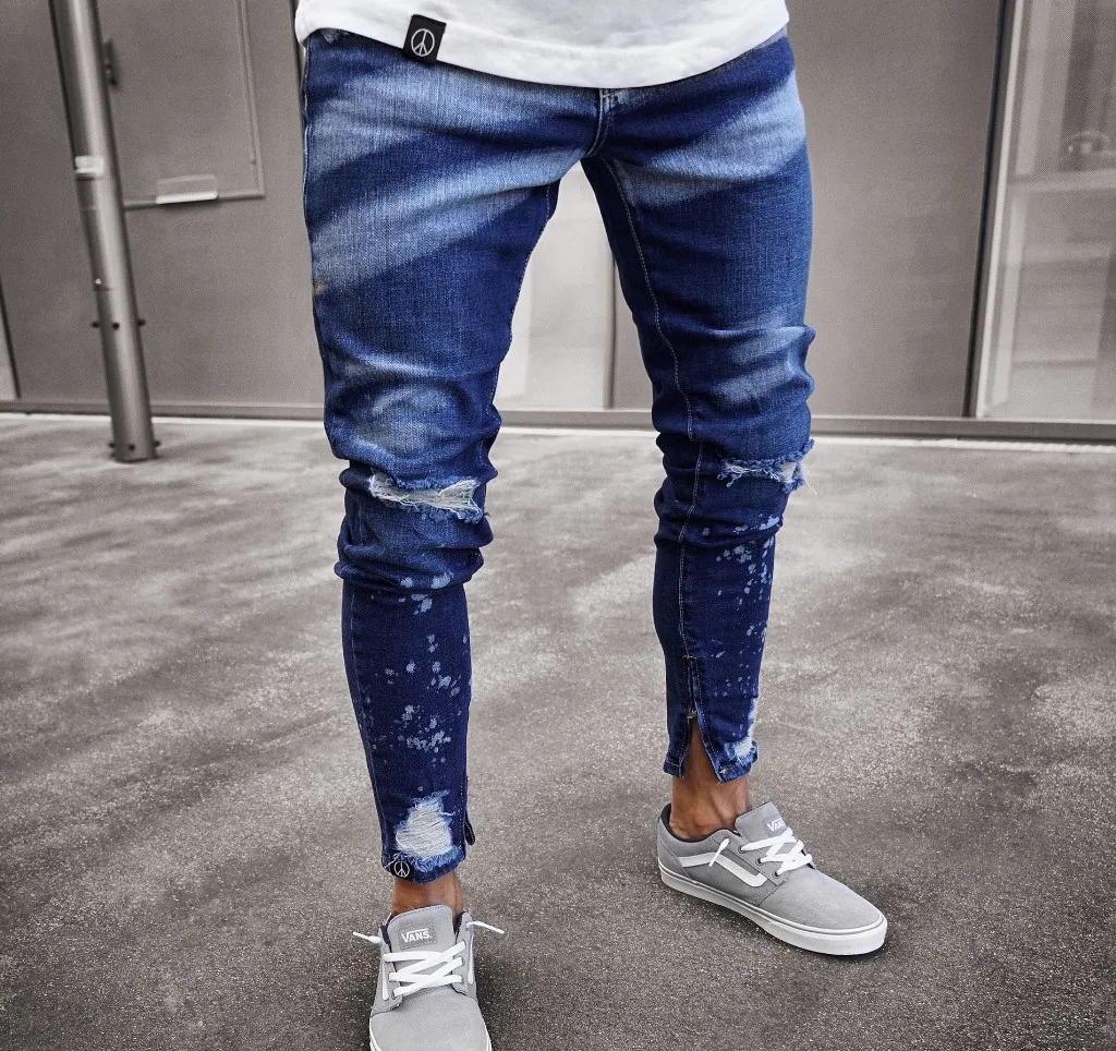 Jeans pour hommes hommes déchiré peinture en détresse Fermeture éclair Colorblock High Street Classic Denim Pants Splic Slim Crayon