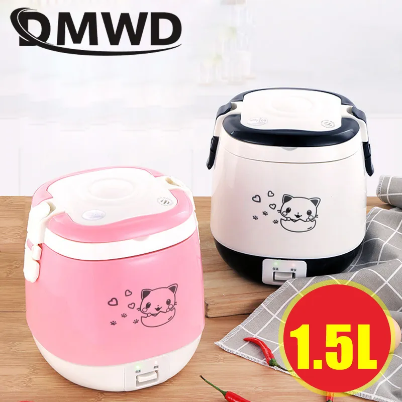 Dmwd 1.5l Mini Electric Rice Cooker Portable Cooking Steamer Multifunction Food Container Soup Pot Heating Lunch Box 1-3 People C19041901