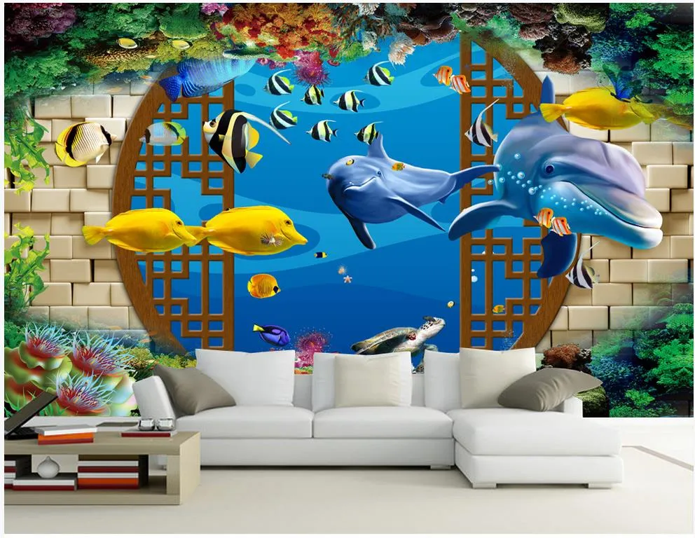 Fonds d'écran photo personnalisés pour les murs des peintures murales Fond d'écran 3D fantastique sous-marine chambre dauphin monde canapé papiers peints de fond peinture murale