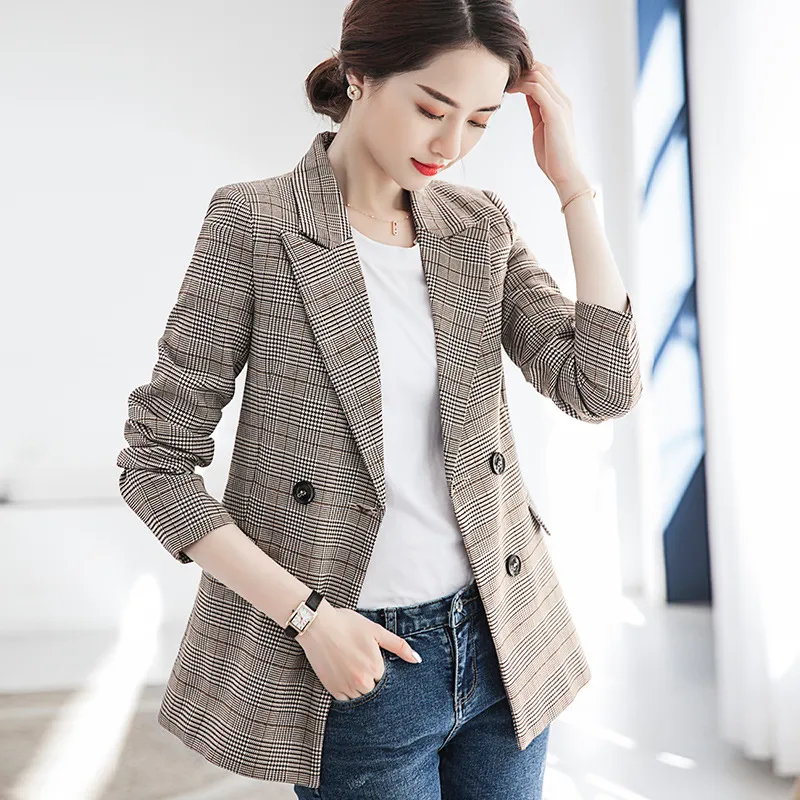 Women Blazer Jacket spring 2020 New Casual Long Sleeve Plaid Ladies Blazer Korean Version Slim Temperament Women Suit Jacket 4XL