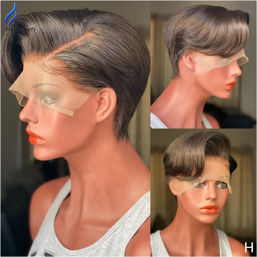 Alicrown Pixie Cut Wigs Short Bob Lace Front Human Hair Wigs Brazilian Lace Closure Wig Natural Color Non-Remy Middle Ration