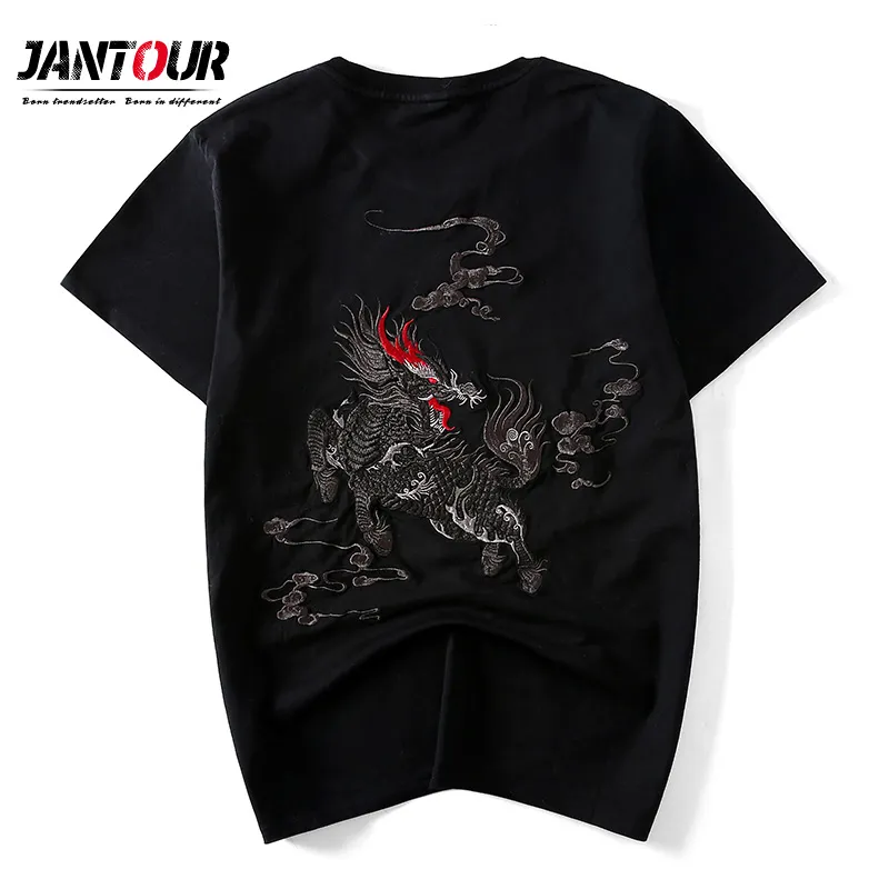 中国風のブランド半袖コットンドラゴン刺繍のシャツOネックスリム男性ブラックTシャツファッションメンズTシャツKG-406
