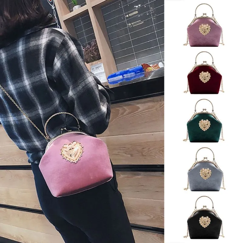 Women Velvet Handbag Vintage Heart Design Evening Bag Wedding Party Bride Clutch Shoulder Bags Purse