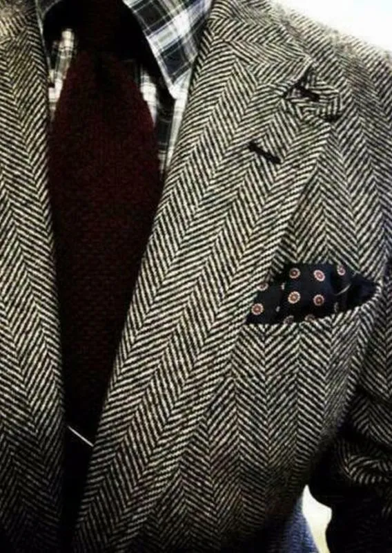 Vintage Business Männer Anzüge Slim Fit Tweed Fischgräten Smoking Bräutigam Anzüge Für Männer Hochzeit Kerbe Revers Jacke Männliche Blazer