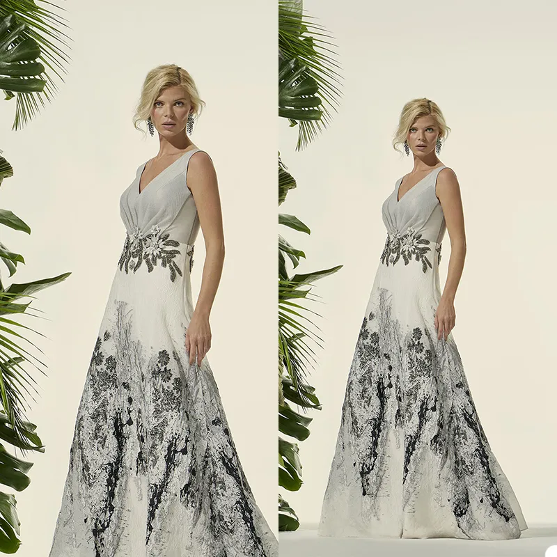 花嫁のドレスのエレガントな母vネックノースリーブレースアップリケイブニングドレスカスタムメイドフロアの長さAライン結婚式のゲストドレス