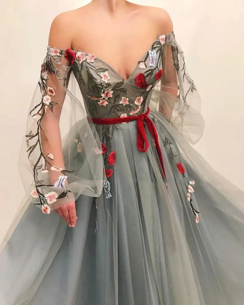 Floral embroidered tulle prom dress cheap