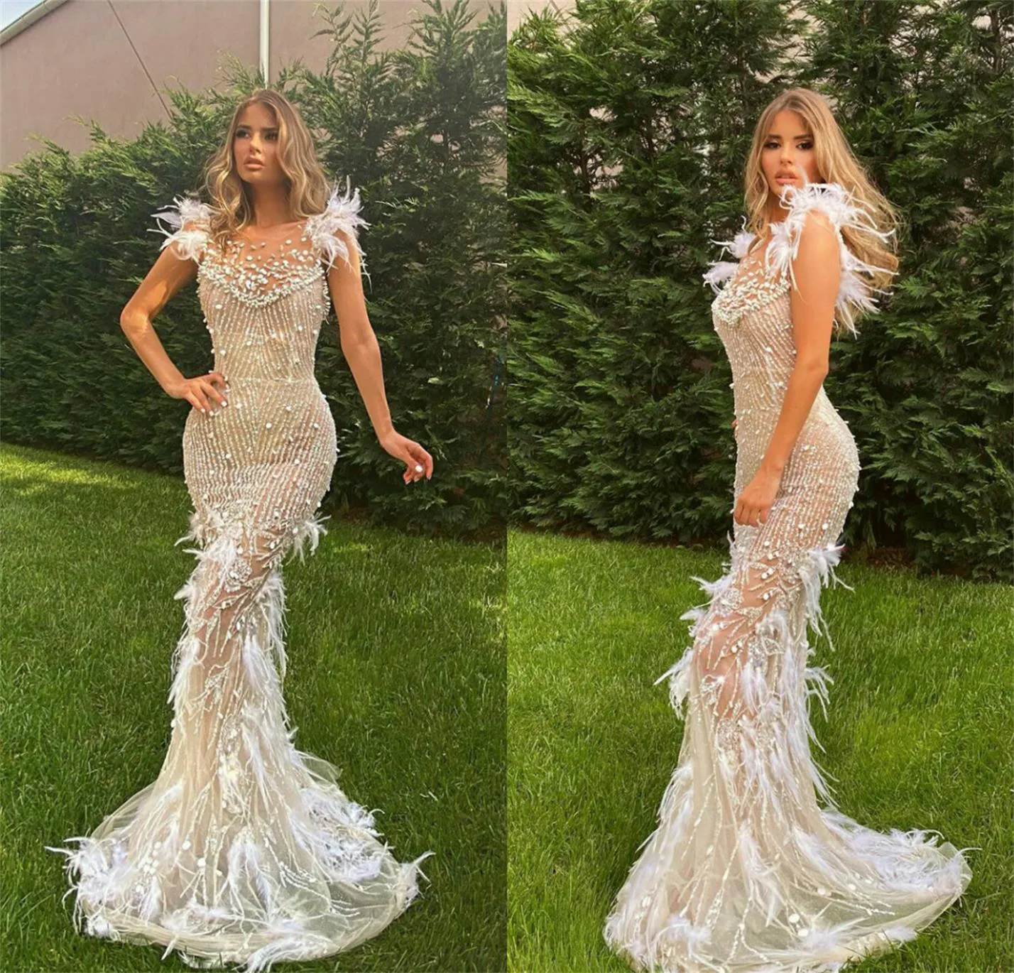 Gorgeous Mermaid Wedding Dresses Jewel Neck Appliqued Lace Ruched Wedding Gown Sweep Train Feather Bridal Gown Vestidos De Novia