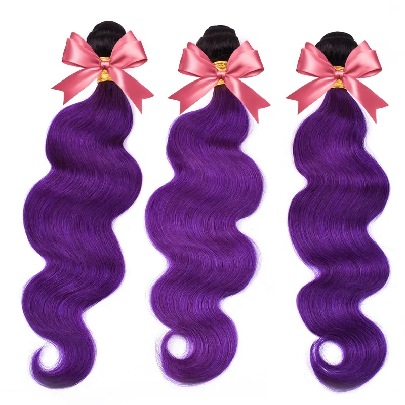 Cor ombre do Virgin Brasileiro # 1b Extensão de cabelo humano roxo tece pacotes 14 "-28" 3pcs lote