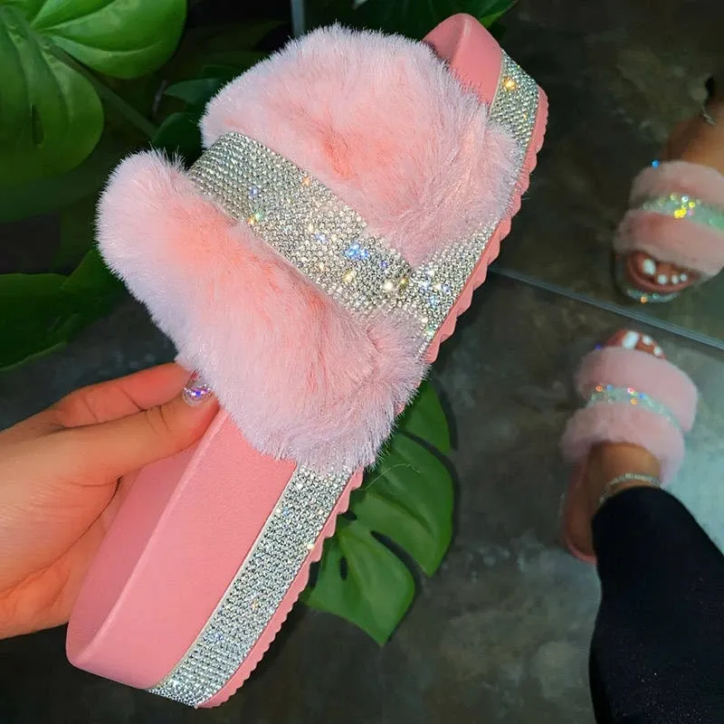 Oeak Bling Women's Plush Slippers Fur Slides for Woman Rhinestones Outdoor Flat Women Platform Sandals Casual Shoes Plus Size 43