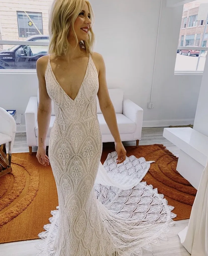 deep v fit and flare dress Fit And Flare Wedding Dresses With Lace Train,Crepe Wedding Dresses Plunging Neck,WD00859, US22W / White