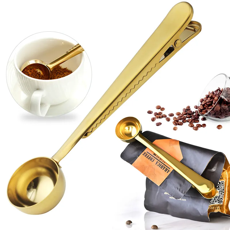 High Quality Stainless Steel Coffee Spoon with Clip 2-in-1 Measuring Coffee Scoop Bag ClipTea Scooper Food Storage Sealing Clip Wholesale
